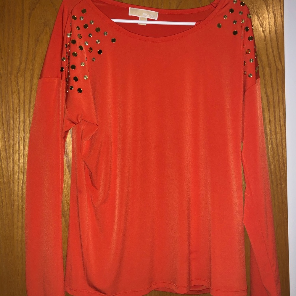 Michael Kors Orange Satin top with bling sleeves